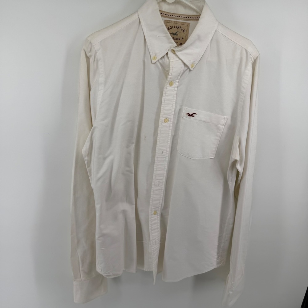 Hollister Mens White Oxford Long Sleeve‎ Button Down Shirt XL Cotton Logo 0078
